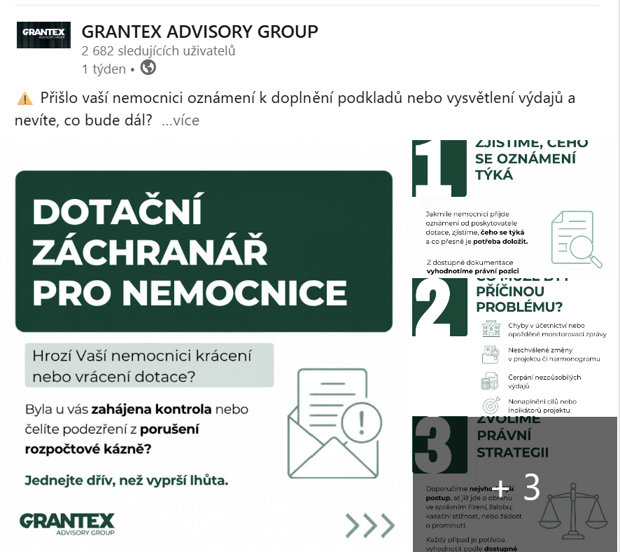 LinkedIn příspěvek GRANTEX – Dotační záchranář pro nemocnice