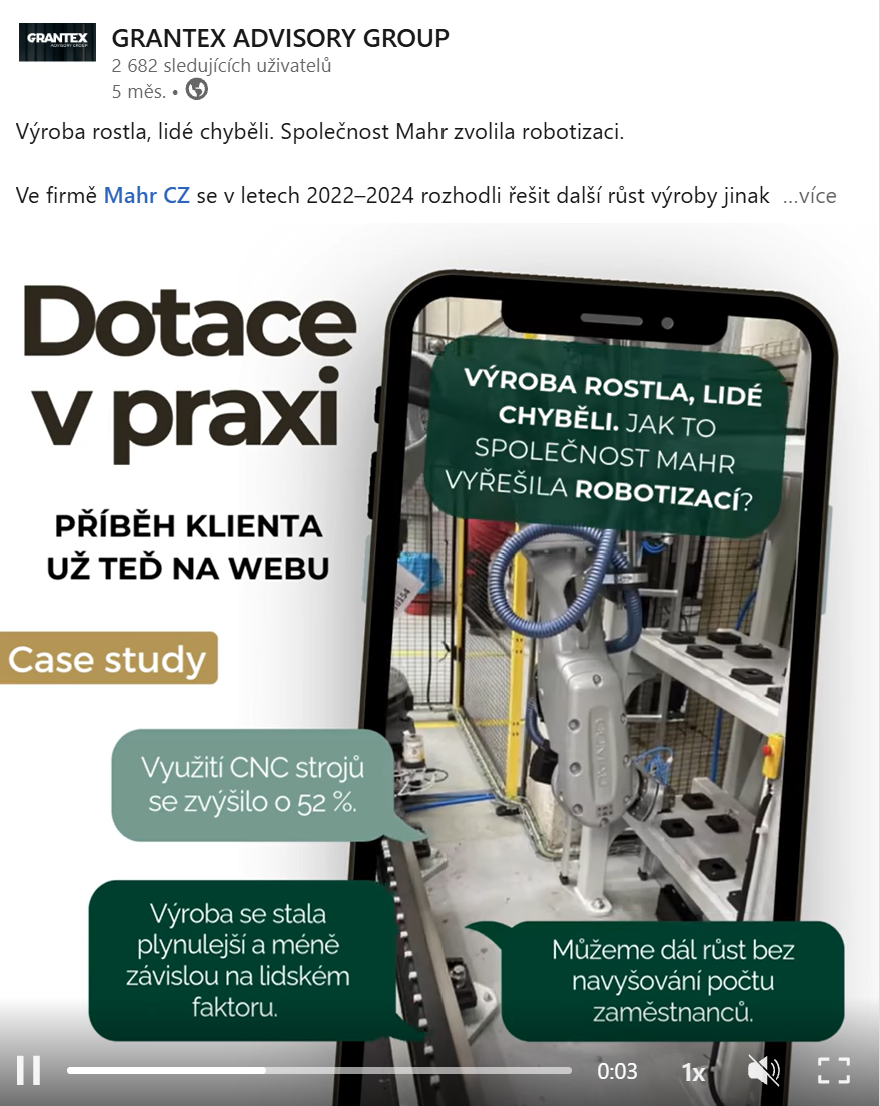 LinkedIn příspěvek GRANTEX – Dotace v praxi, případová studie Mahr